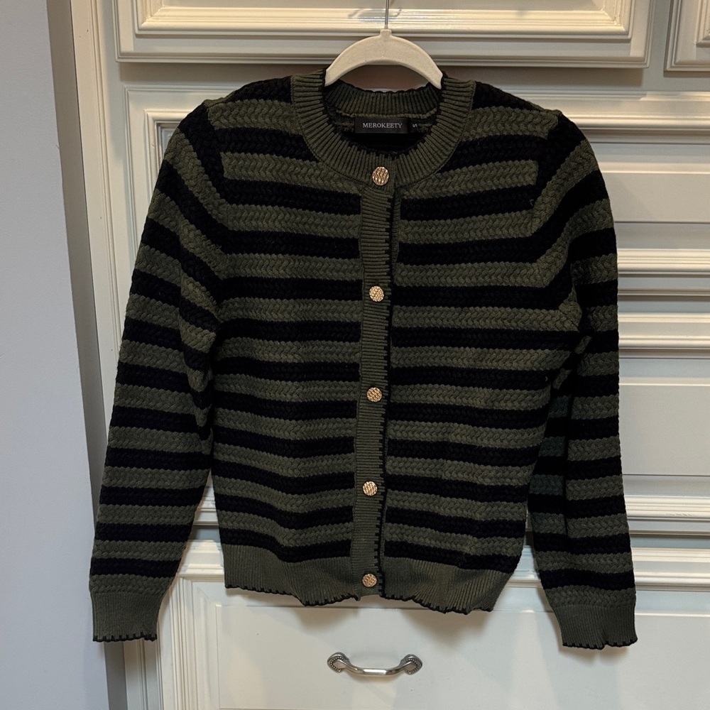 Merokeety Women's Black and Green Striped Cardigan/ Lady Jacket